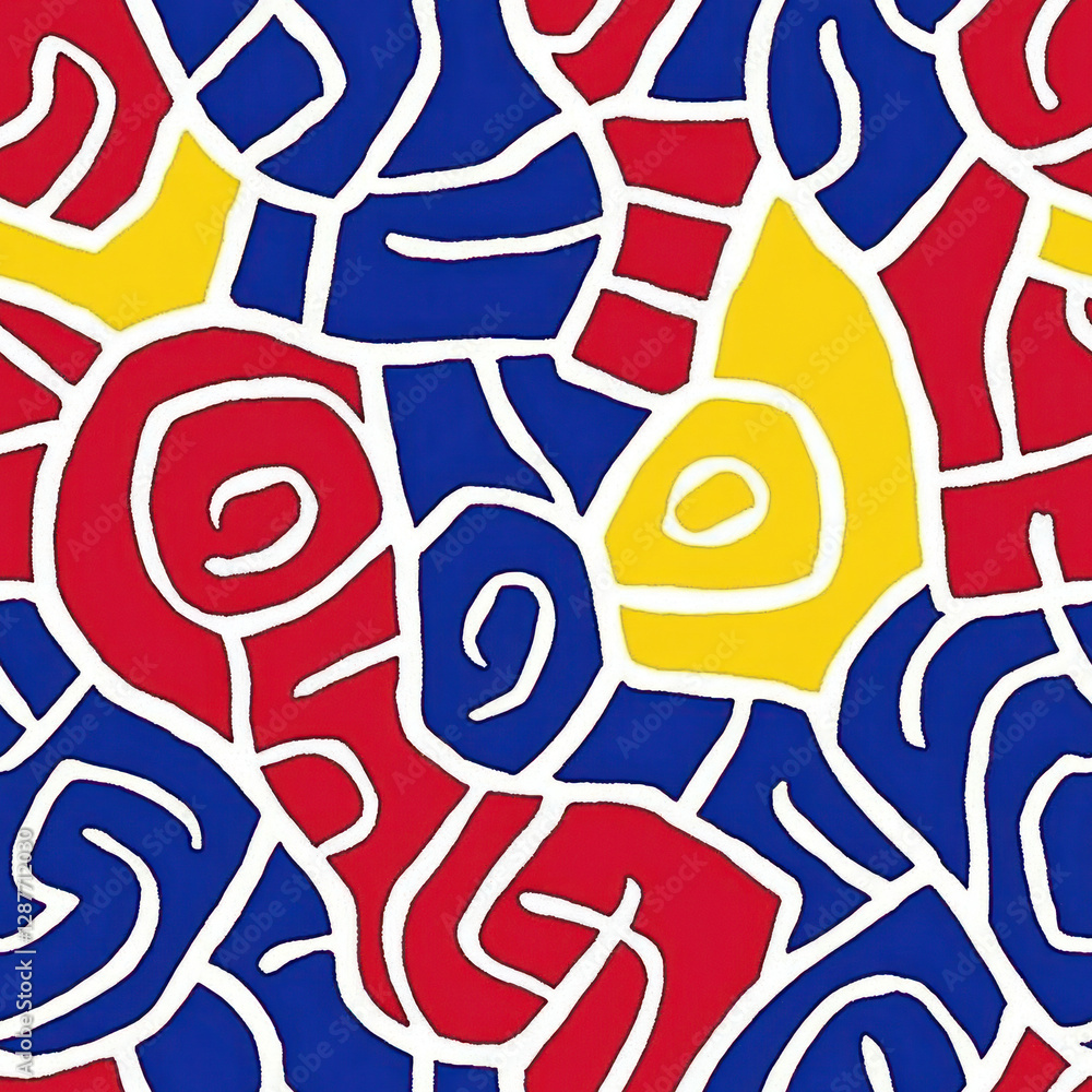 Poster abstract swirling shapes in red, blue, yellow, and white forming a colorful pattern. seamless patter