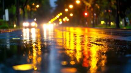 Rain-soaked street reflecting city lights during a nighttime downpour with moving cars