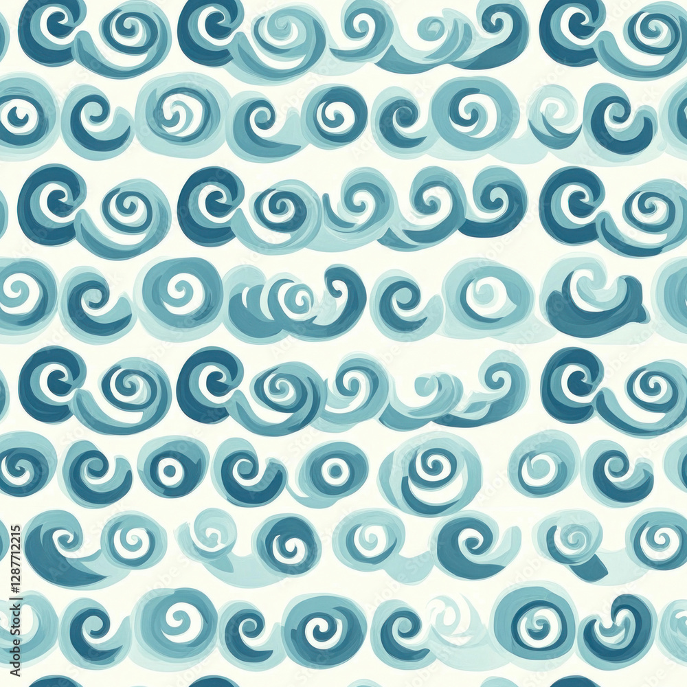 Poster abstract swirling wave pattern repeats against an off-white textured backdrop, aquatic design. seaml