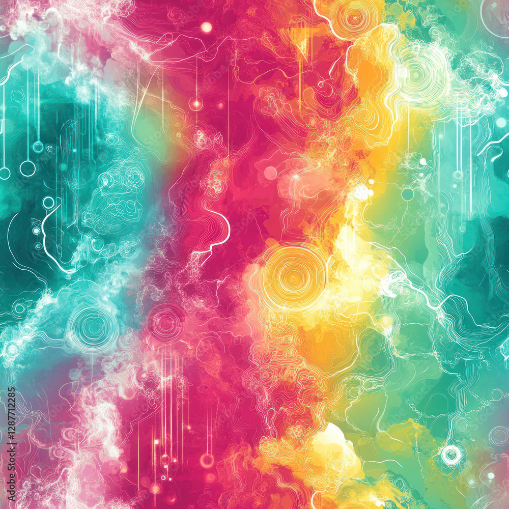 Poster abstract swirling smoke blends colors creating flowing, magical effect on vibrant multicolored backg