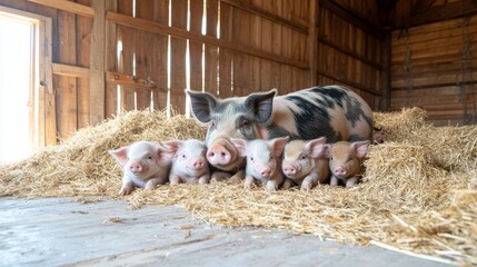 Mother pig and piglets in a barn