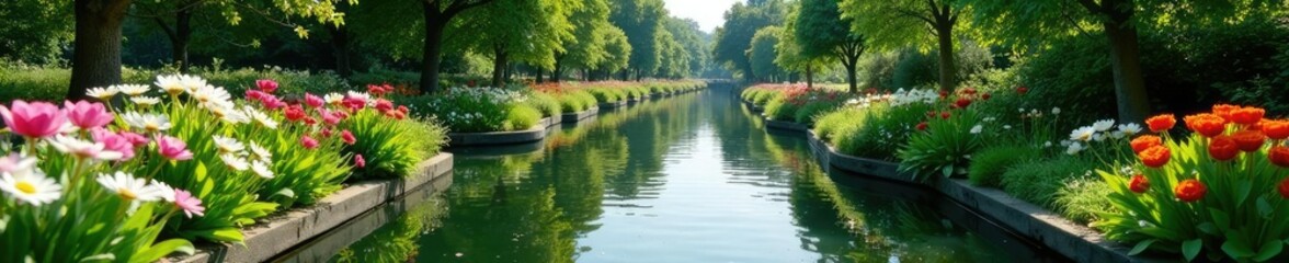 Obraz premium Vaste fleuve avec des bateaux am?nag?s pour les hortillonnages, amateaux de jardin, fleur blanche, fleur color?e
