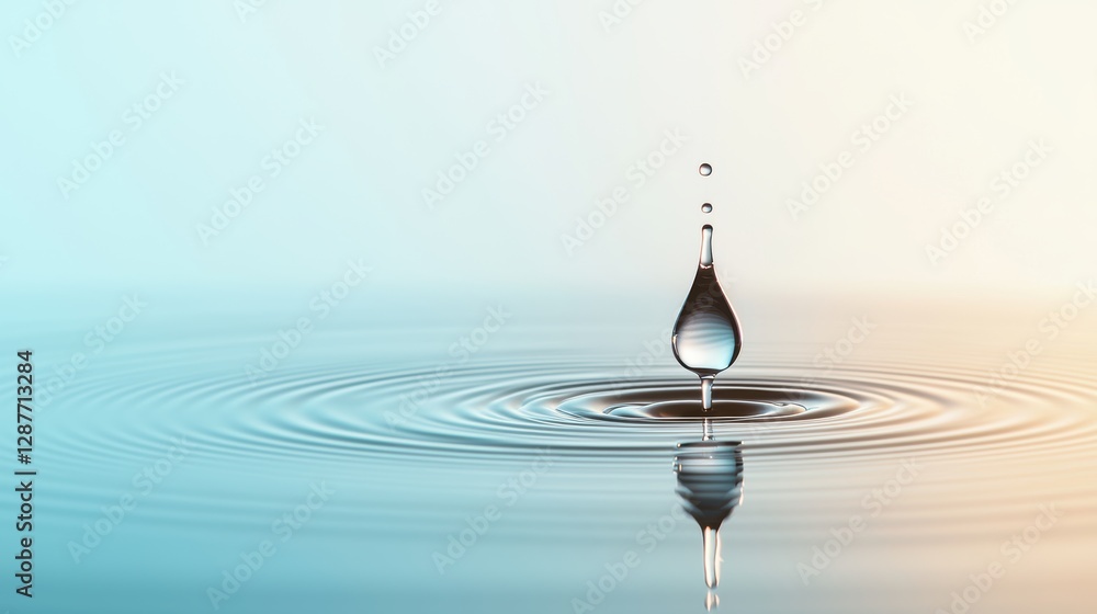 Aufkleber a single drop of water creating ripples on a still pond, with soft light reflecting on the circular 