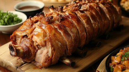 Filipino lechon, a whole roasted pig with crispy golden skin, served with liver sauce