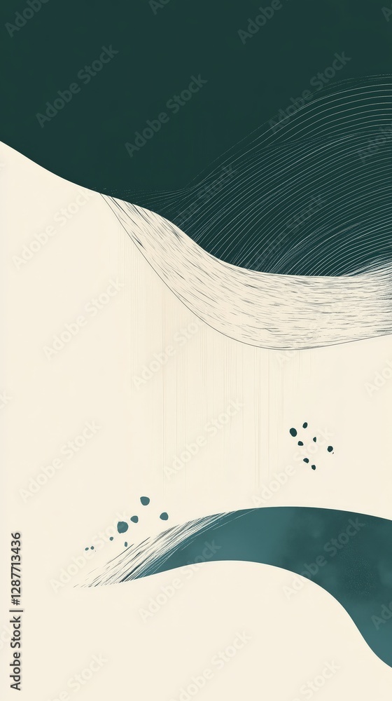 Poster minimalist abstract art with curving lines and dots in teal and cream creating a tranquil and modern