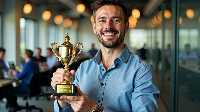 Happy National Employee Appreciation Day. young man proudly holds trophy in modern office setting. winning, achievement, and workplace recognition. - Powered by Adobe