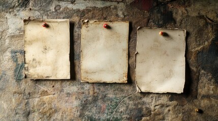 Old paper sheets pinned on a textured wall with colorful pushpins in a rustic environment