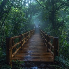 Obraz premium Wooden bridge path into tropical forest. Lush vegetation, foggy background. Use tourism
