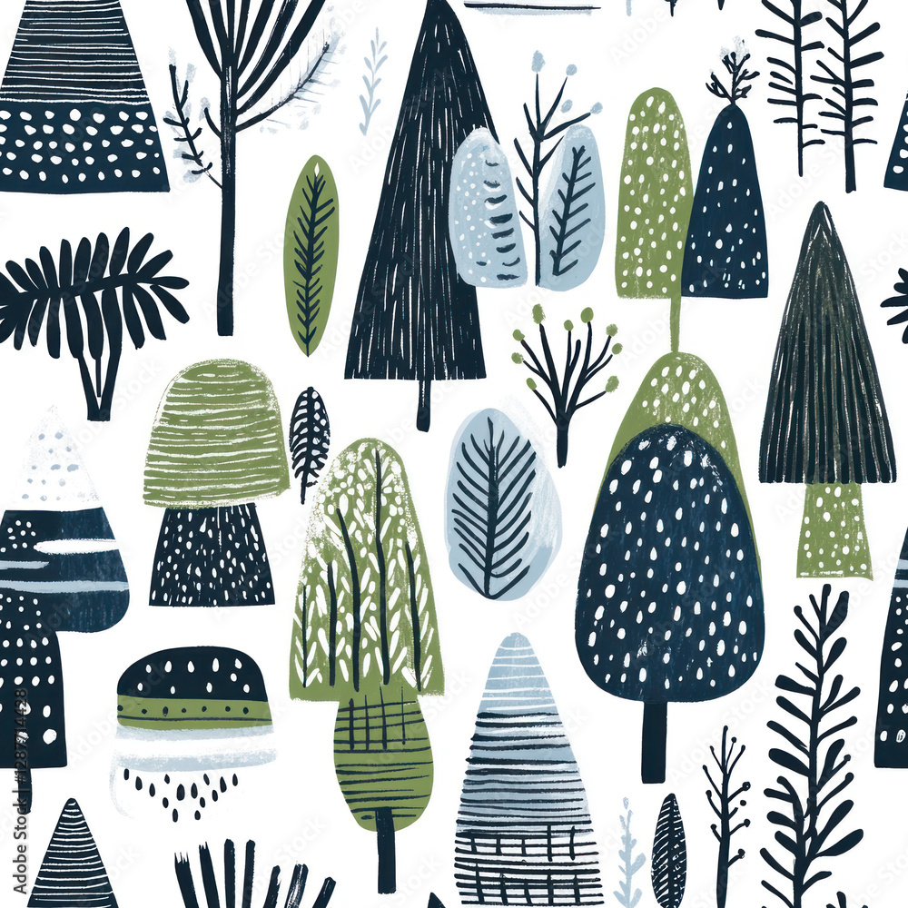Poster abstract trees stand on white background. forest illustration with dark blues and greens creating pa