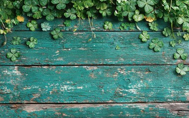 Fototapeta premium Rustic wooden texture with faded green paint and shamrocks for Saint Patricks Day