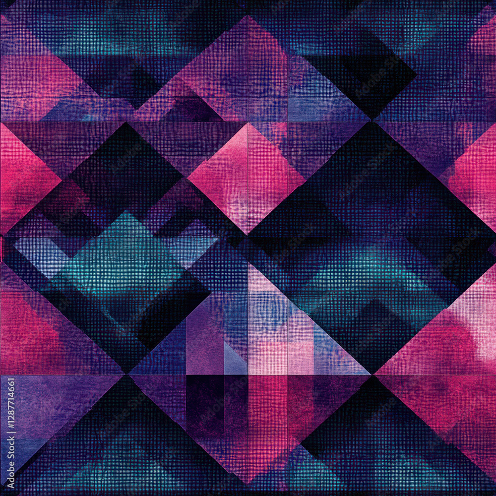 Poster abstract triangular geometric pattern with blended pink, purple, and blue hues on a textured backdro