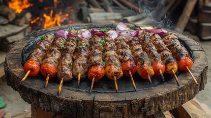 Delicious grilled meat skewers with tomatoes and onions on a rustic wooden platter, near a bonfire.