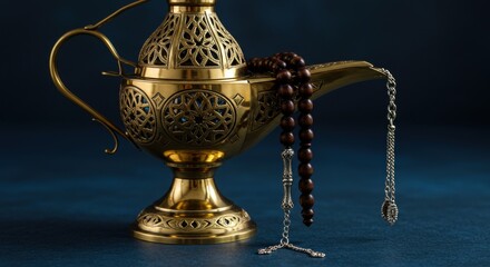 Ornate brass lamp with prayer beads resting beside it on a dark blue surface