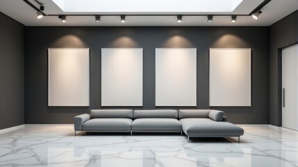 A modern art gallery interior with a minimalist design featuring large, blank, framed canvases on the walls, arranged in a row. The room is well-lit with a grey sofa and white marble floor.