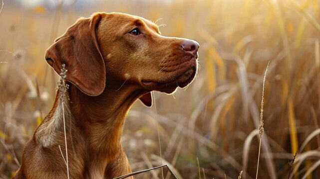A Hungarian hound pointer vizsla sits gracefully in a golden autumn field, enjoying the tranquil atmosphere of nature during a peaceful evening