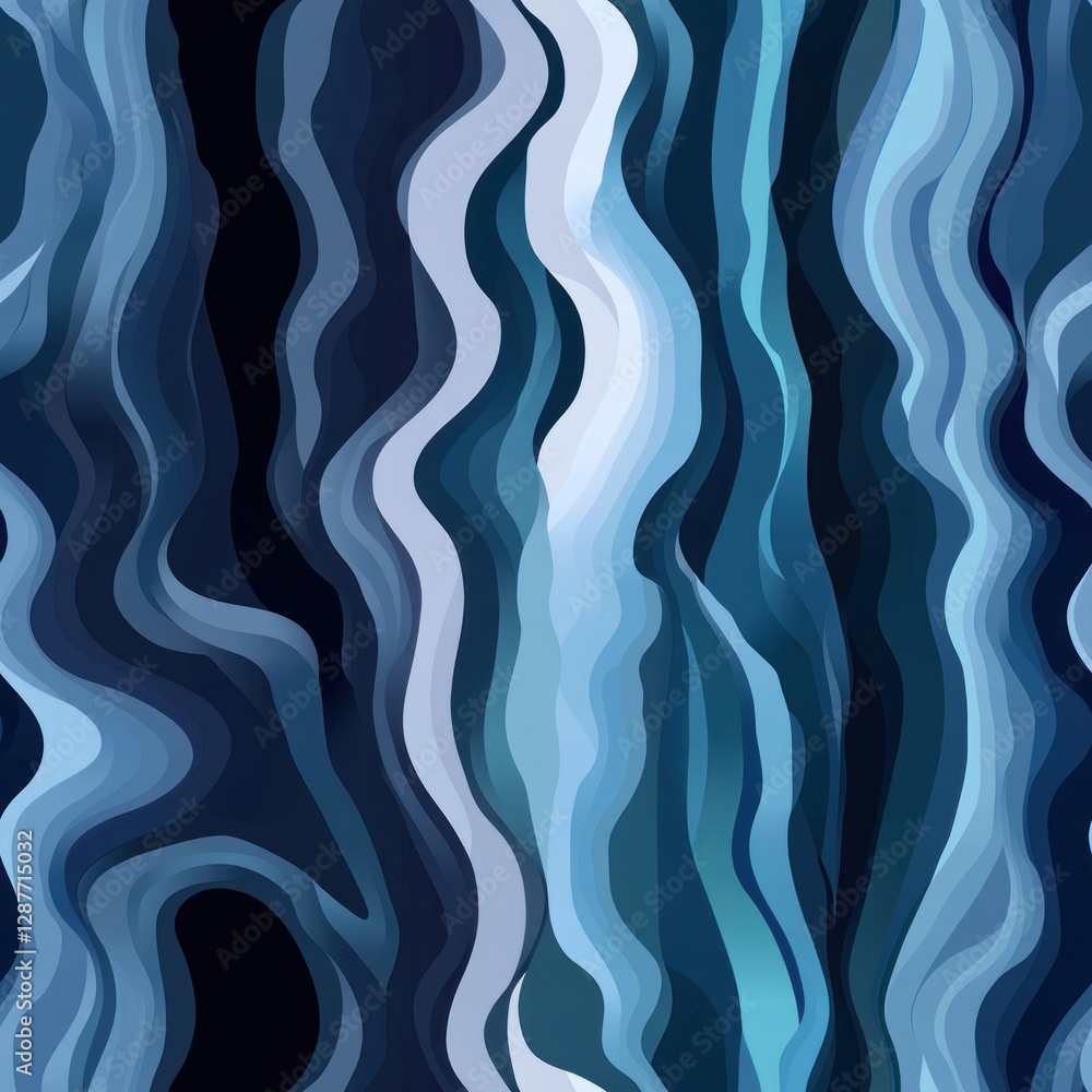 Poster abstract vertical wavy lines, layered shades of blue, creating an elegant, fluid background. seamles