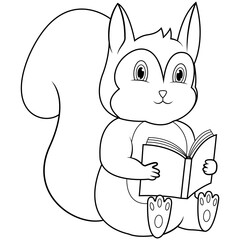 A cartoon of a squirrel reading a book line art