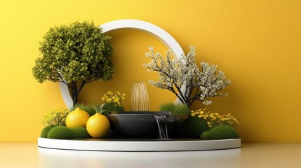 Minimalist zen garden with fountain, lemon trees, and yellow background.