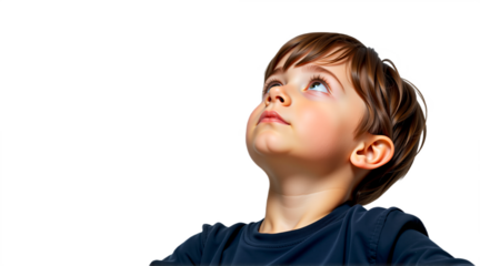 Young boy thinking and looking up, isolated on transparent background. Ideal for educational content, children's themes, and expressing curiosity.