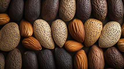 Gradient fade arrangement of nuts transitioning from light to dark varieties, starting with blanched almonds, moving through golden pecans, to deep walnut shells, overhead lighting, macro lens