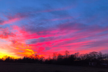Evening in the countryside.
The scattering of sunlight by clouds is well shown. The red part of the...