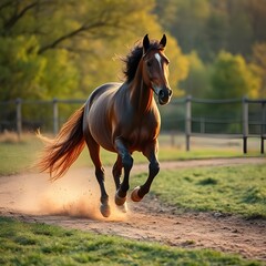 The bay horse gallops on the grass

