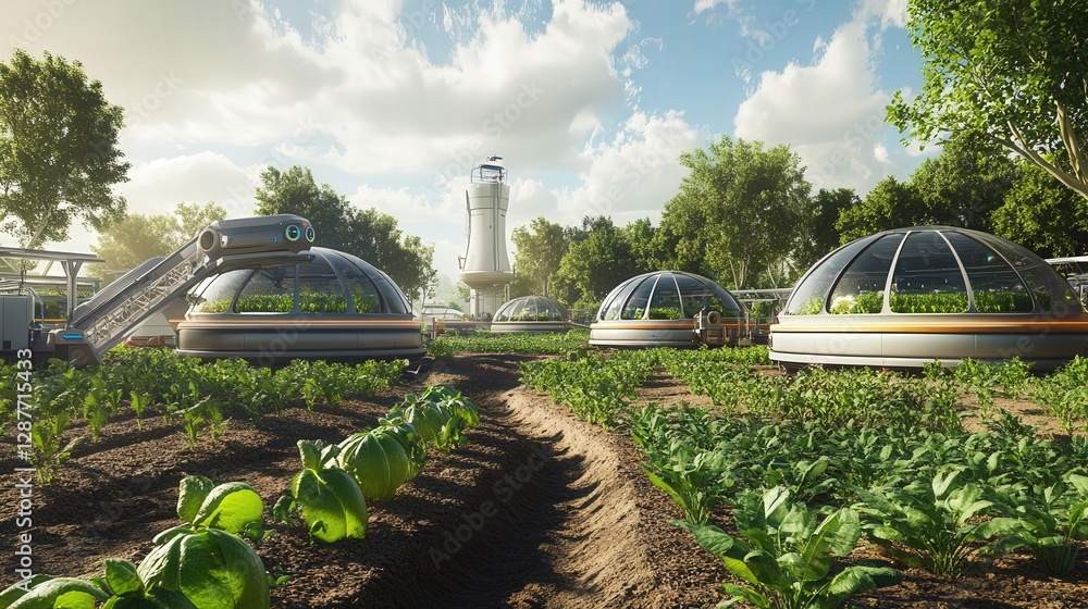 Aufkleber farming ecosystem where robots handle every aspect, from seed planting to post-harvest processing.