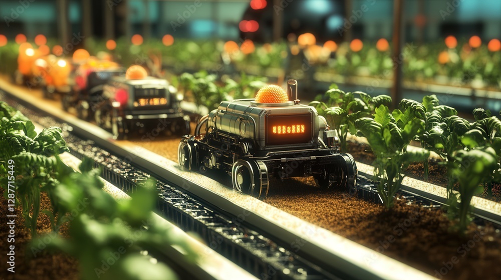 Aufkleber farming ecosystem where robots handle every aspect, from seed planting to post-harvest processing.