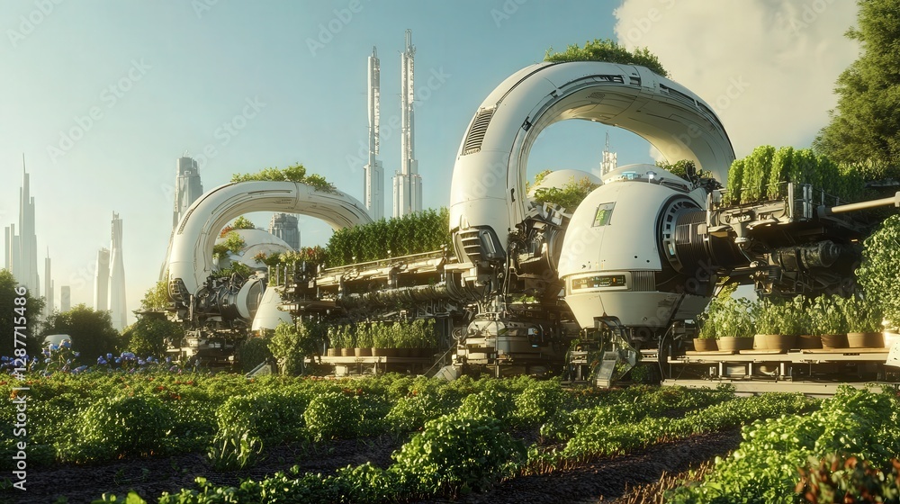 Poster farming ecosystem where robots handle every aspect, from seed planting to post-harvest processing.