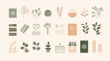 Scandinavian-inspired sustainable fabric and packaging icon collection, featuring simplified representations of organic materials, zero waste symbols, and ethical production badges, clean geometric