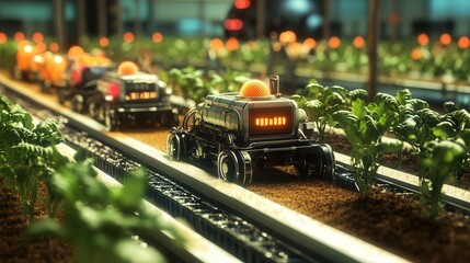 farming ecosystem where robots handle every aspect, from seed planting to post-harvest processing.