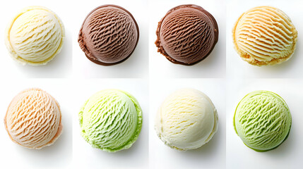Eight Scoops of Creamy Ice Cream in Various Flavors on White Background