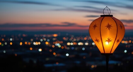 Obraz premium Lantern glowing at sunset with city lights in the background, creating a serene atmosphere