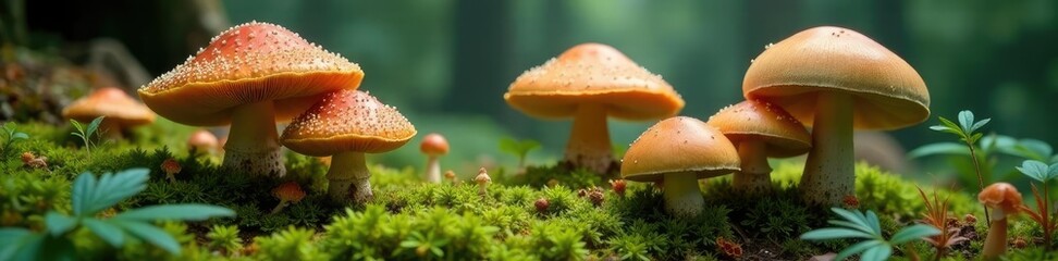 A bed of giant mushroom caps nestled among ferns and moss, terrain, moss