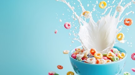 A stream of cold milk being poured into a bowl of colorful breakfast cereal, creating a splash and a sense of freshness and vitality.
