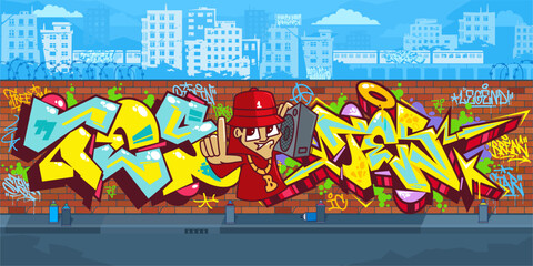 Modern Outdoor Urban Graffiti Wall With Street Art Drawings Against The Background Of The Cityscape