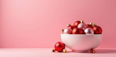 A big pink background with a large white bowl of Christmas ornaments in shades of red, gold, pink and orange, pink, gift