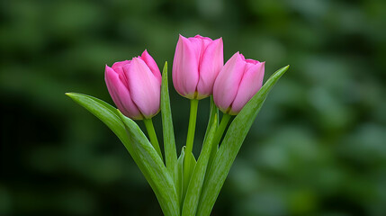 Fototapeta premium Three Pink Tulips with Dewdrops Close-up