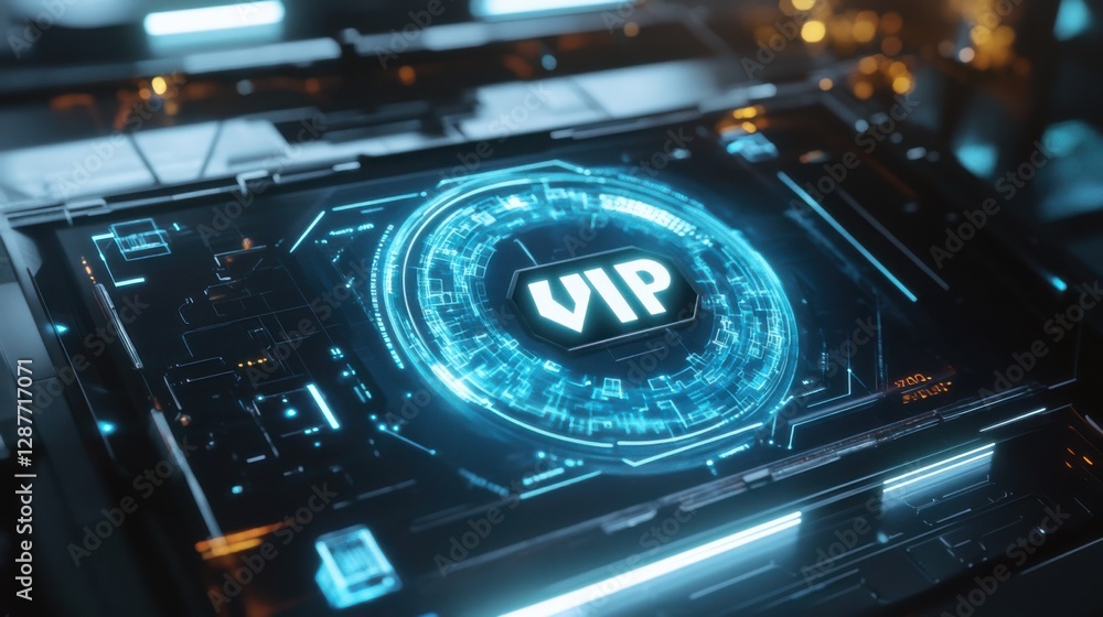 Poster futuristic digital design showcasing vip access in a tech-inspired environment
