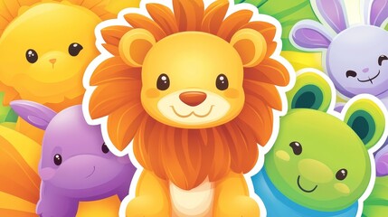 Naklejka premium Colorful cartoon animals featuring a cheerful lion, rabbit, and bear in a vibrant jungle setting