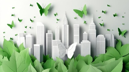 3D layered papercraft city landscape within leaf silhouette, modern architecture skyline, environmental friendly urban design, white paper buildings, green foliage details, paper cut art style,