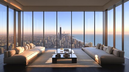 Luxurious penthouse living room with panoramic city and lake views at sunrise.
