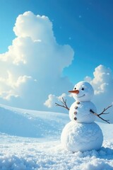 A blue sky with fluffy white clouds above a snowman, clouds, snowman