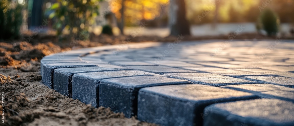 Poster elegant stone pavement design in a garden with warm sunlight creating a serene and inviting atmosphe