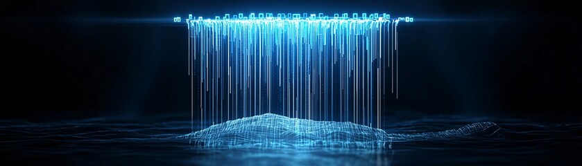 a high-tech waterfall cascading down a mountain, the water composed of streaming digital code, glowing particles illuminating the rocks, hyper-detailed futuristic realism