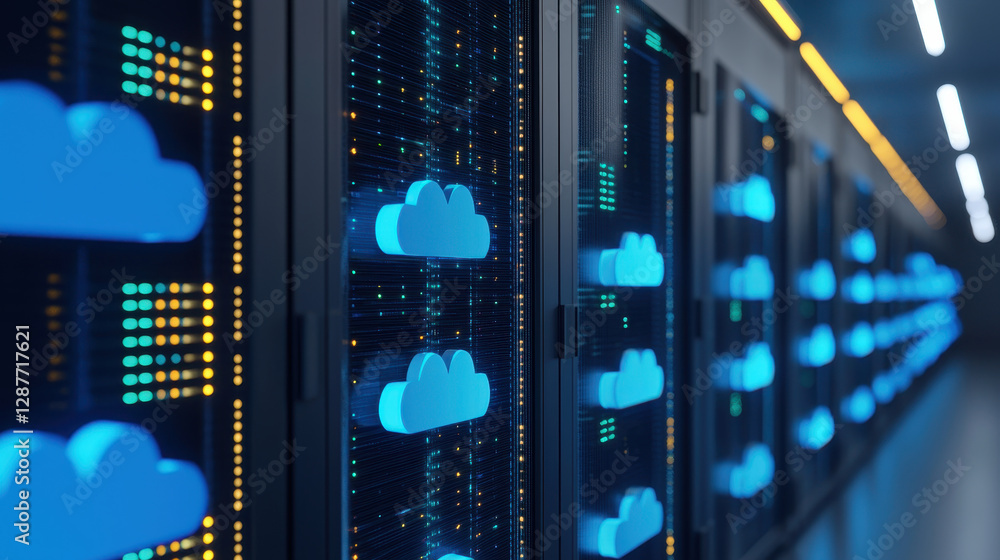 Poster cloud storage globalization communication network modern data center with blue cloud icons and illum