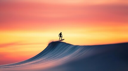 A lone surfer riding a powerful wave at sunset, silhouetted against the fiery colors of the evening sky.