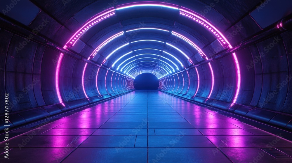 Poster futuristic corridor illuminated by neon lights creating a vibrant and immersive atmosphere for moder