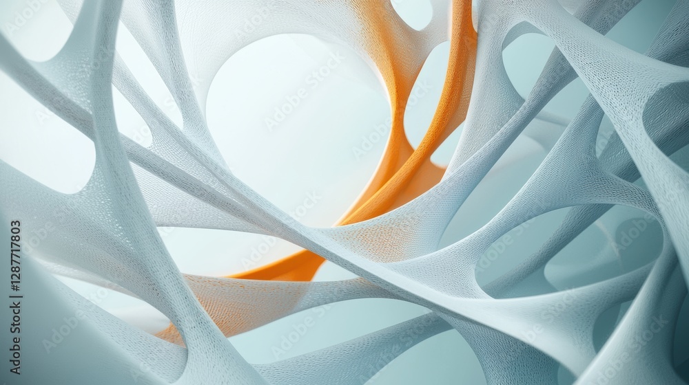 Poster a digital art piece featuring a network of interconnected lines and curves, resembling sound waves o