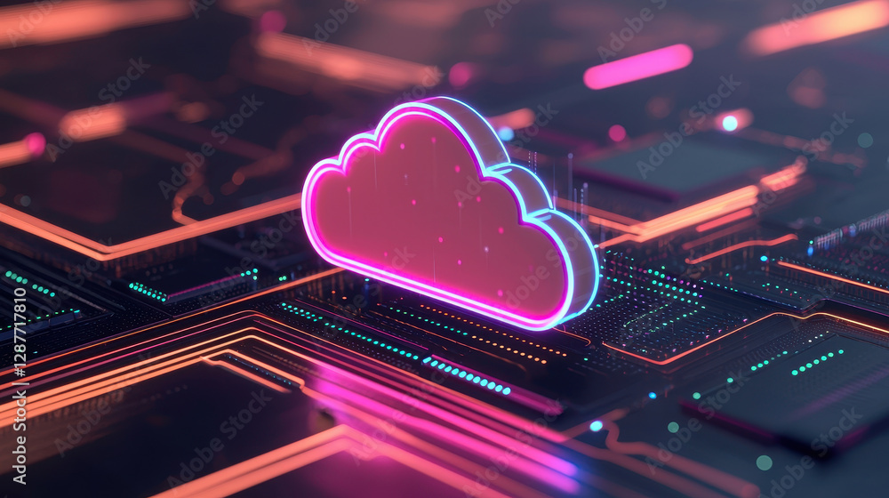 Poster cloud storage globalization communication network neon cloud symbol on circuit board with vibrant co